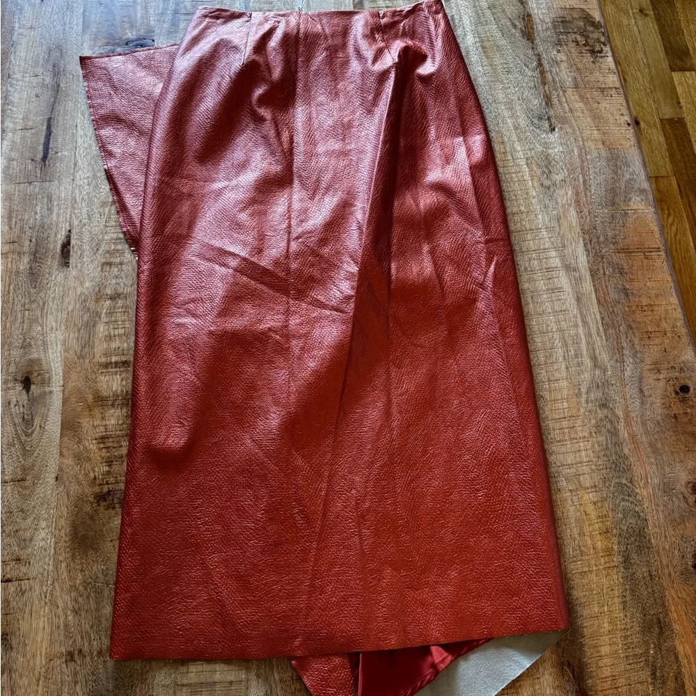 Ramy Brook Asymmetrical ruffle midi bronze orange Copper faux leather Skirt NWT